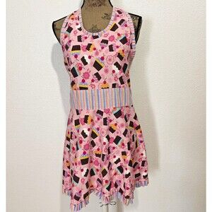 Home Made Apron Dress for Women Pink Cute Cupcake Cherry Print Rainbow Glitter
